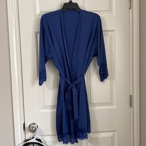 Navy short satin wrap robe with lace trim at bottom & sleeves